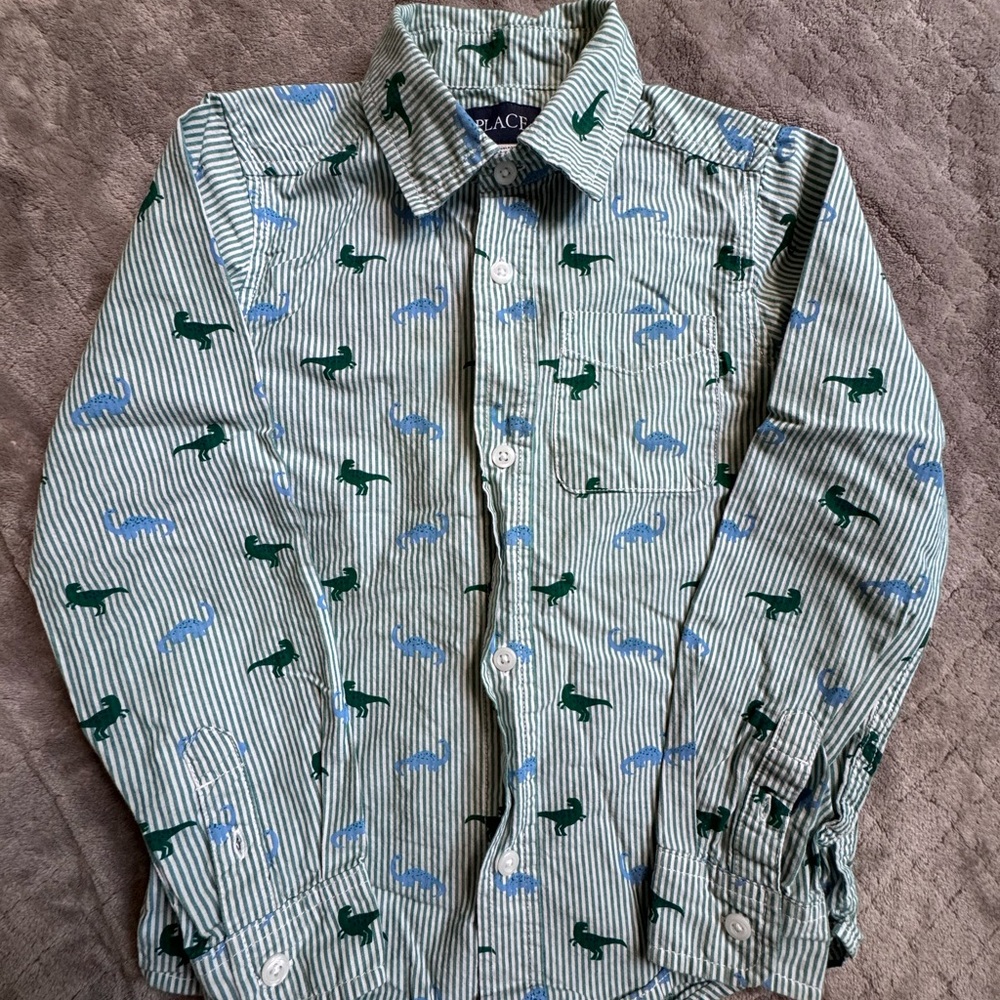 PLACE Green Blue Dinosaur Striped Boys Button Up Shirt 5-6 Cotton